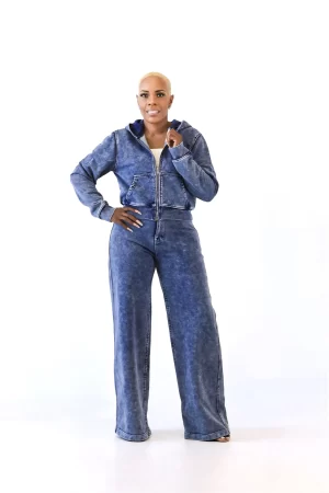 Alternative view of A Long Sleeve Solid Denim Jacket With A Zippered Front Featuring A Hood And Side pockets W/Pants
