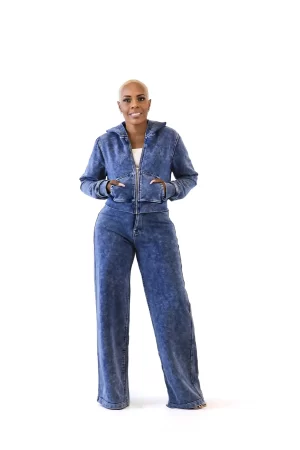 A Long Sleeve Solid Denim Jacket With A Zippered Front Featuring A Hood And Side pockets W/Pants