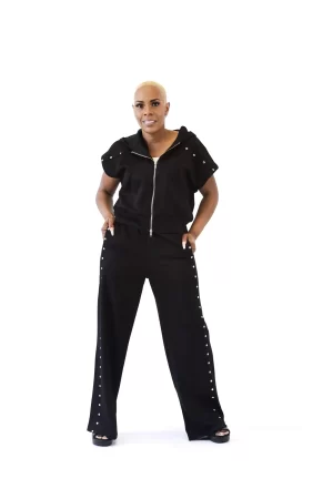 A Short Sleeve Solid Knit Zippered Top with Front Pockets and Metallic Rivet Detail Pants Set