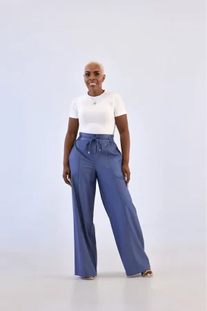 Solid High Waist Pintuck Front Wide Leg Pants