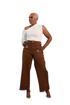Alternative view of High Waist Ankle Length Pants Featuring Floral Enbroided Border Hem