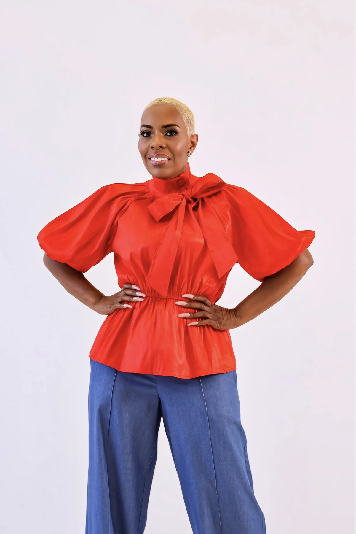 Short Sleeve Mock Neck Tied Blouse Shirts - Image 3