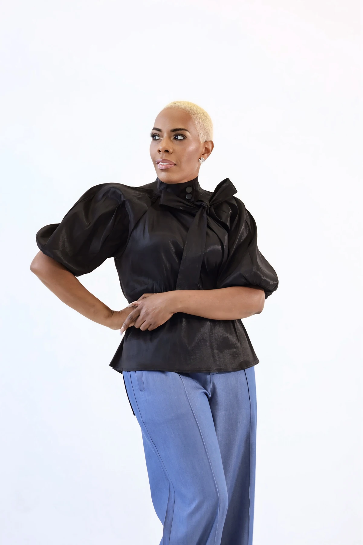 Short Sleeve Mock Neck Tied Blouse Shirts - Image 5