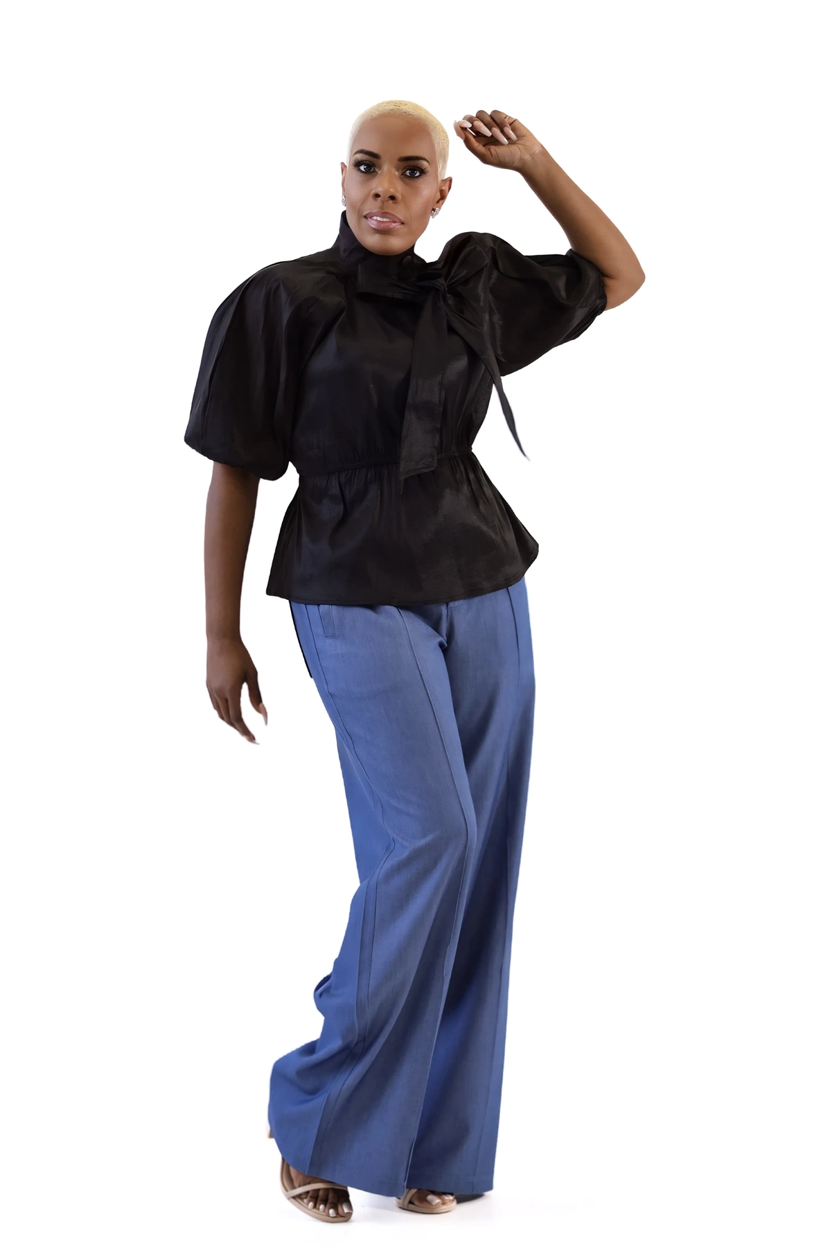 Short Sleeve Mock Neck Tied Blouse Shirts - Image 7