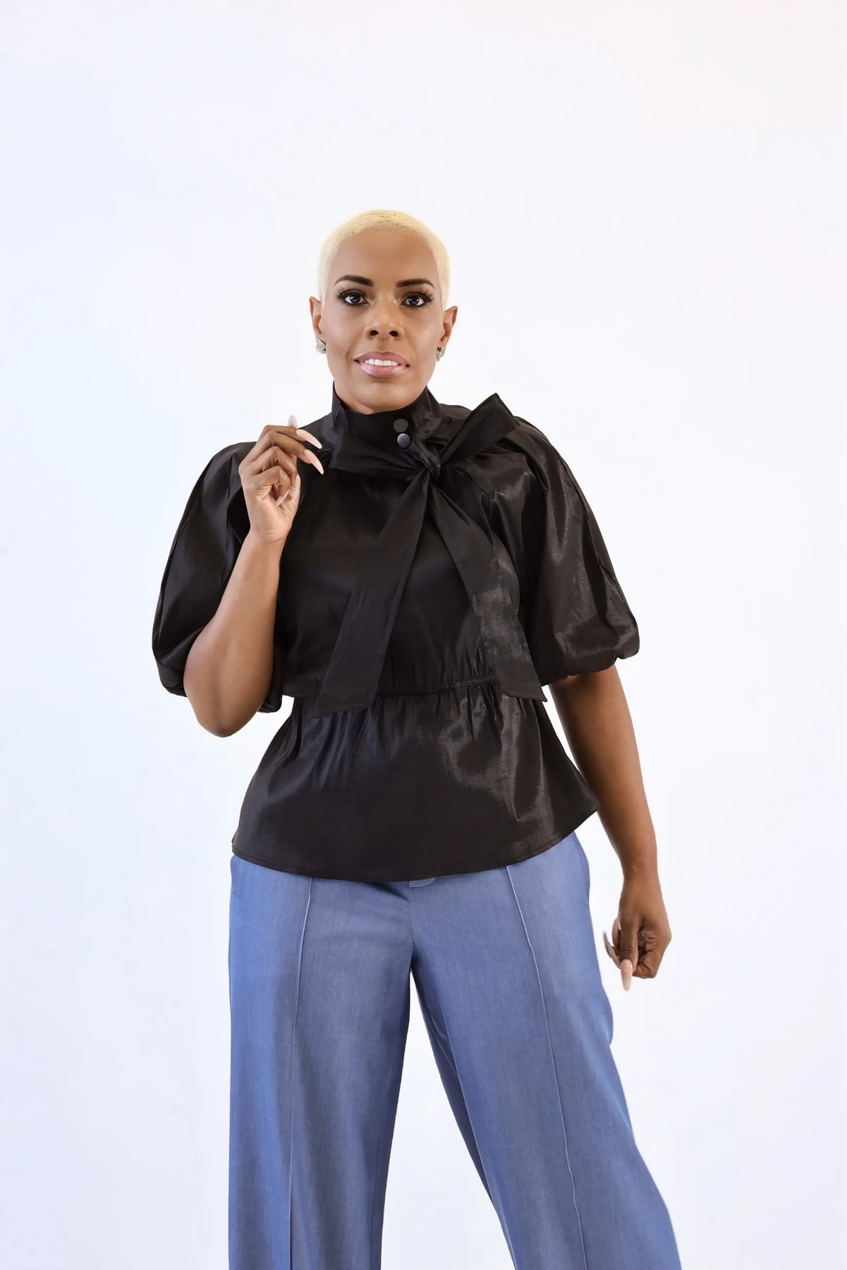 Short Sleeve Mock Neck Tied Blouse Shirts - Image 8