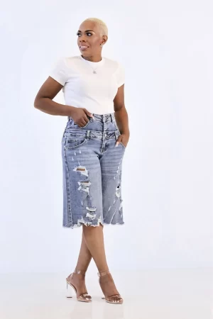 Alternative view of Double Waistband Distressed Bermuda Shorts