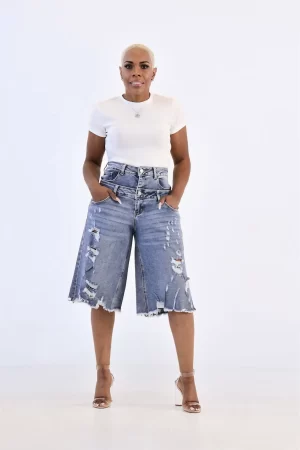 Double Waistband Distressed Bermuda Shorts