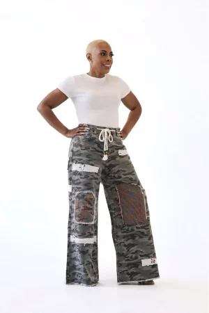 Alternative view of Camo Printed Twill With Double Gauze Strip Patches With Floral Embroidery Asymmetrical Knee Patches Pants