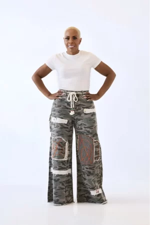 Camo Printed Twill With Double Gauze Strip Patches With Floral Embroidery Asymmetrical Knee Patches Pants