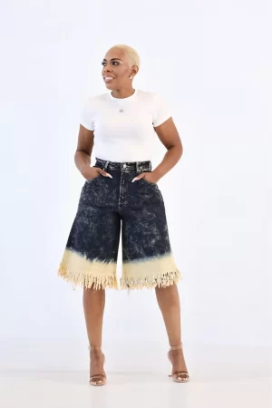 Alternative view of Dark Blue Denim Ombre Wash High Waisted Tassels Hem Short