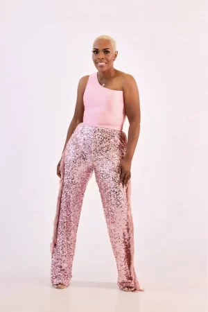 Alternative view of One Shoulder Sleeveless Tank Top & Side Tassels Sequins Pants Set