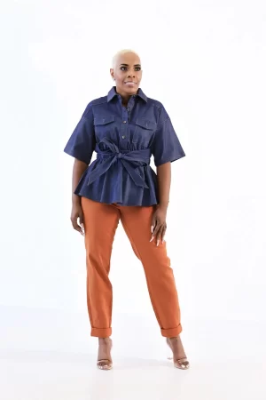 Short‑Sleeve Belted Denim Peplum Blouse