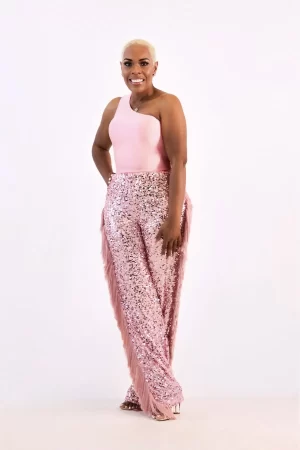 One Shoulder Sleeveless Tank Top & Side Tassels Sequins Pants Set