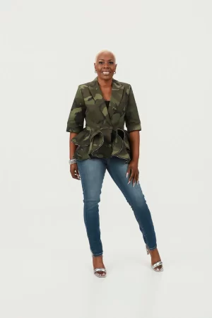 Half Sleeve Deep V-Neck Ruffle Zipper Hem Peplum Blazer Camo Jacket