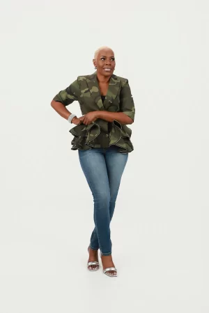 Alternative view of Half Sleeve Deep V-Neck Ruffle Zipper Hem Peplum Blazer Camo Jacket
