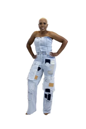Cargo Distressed Patch Detail Denim Jumpsuit