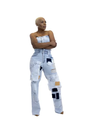 Alternative view of Cargo Distressed Patch Detail Denim Jumpsuit